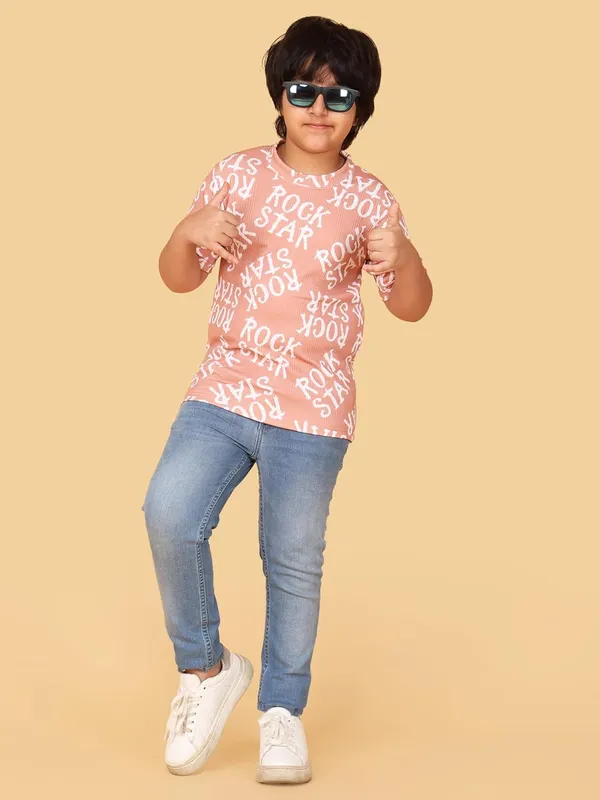 Peach_Cotton_Rock_Star_Print_Short_Sleeve_Round_Neck_T-Shirt,_Regular_Fit,_Casual_Wear_For_Kids