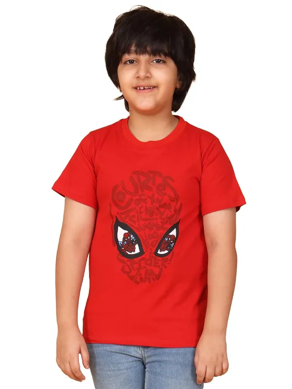 Red_Cotton_Round_Neck_Half_Sleeve_Spider_Graphic_Print_T-Shirt_For_Kids,_Regular_Fit,_Casual_Wear