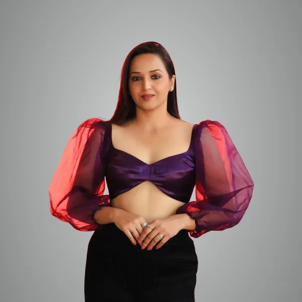 Violet_Satin/Organza_Three_Fourth_Sleeve_Blouse