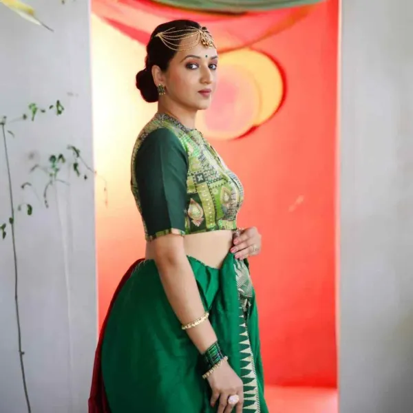 Green_Pure_Katan_Silk_Body_And_Pure_Cotton_Silk_Half_Sleeve_Blouse