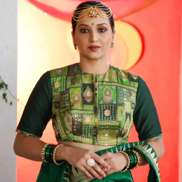 Green_Pure_Katan_Silk_Body_And_Pure_Cotton_Silk_Half_Sleeve_Blouse
