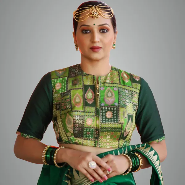 Green_Pure_Katan_Silk_Body_And_Pure_Cotton_Silk_Half_Sleeve_Blouse