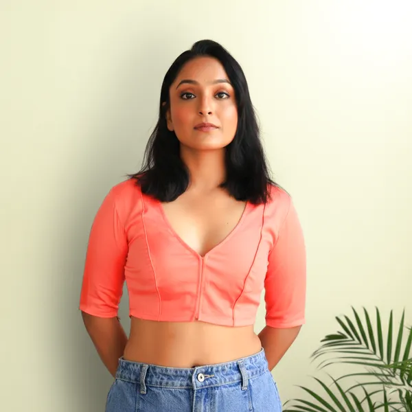 Peach_Rozana_Pure_Cotton_Short_Sleeve_Blouse