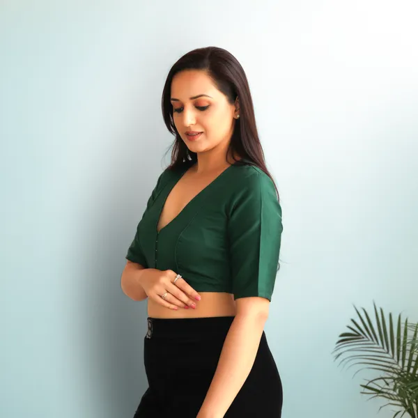 Dark_Green_Rozana_Pure_Cotton_Short_Sleeve_Blouse