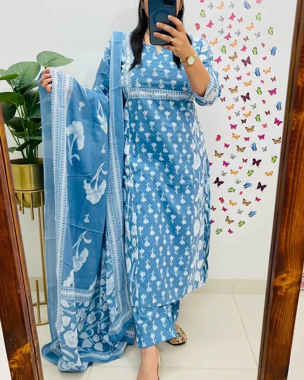 Sky_Blue_Handblock_Printed_Cotton_Suit_Set_For_Women_&_Girls