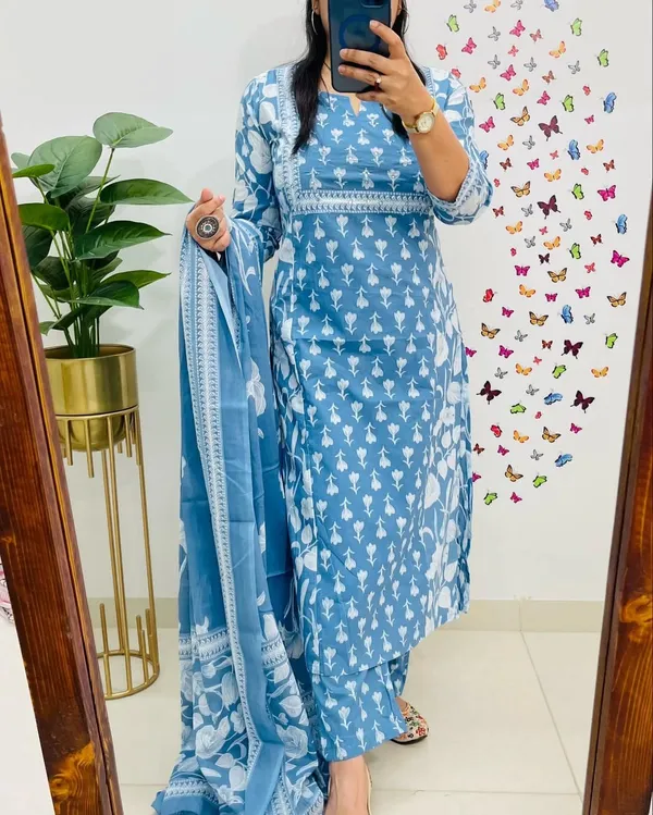 Sky_Blue_Handblock_Printed_Cotton_Suit_Set_For_Women_&_Girls