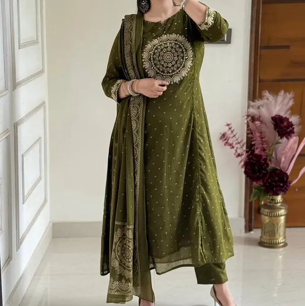 Olive_Green_Embroidered_Cotton_Suit_Set_For_Women_&_Girls