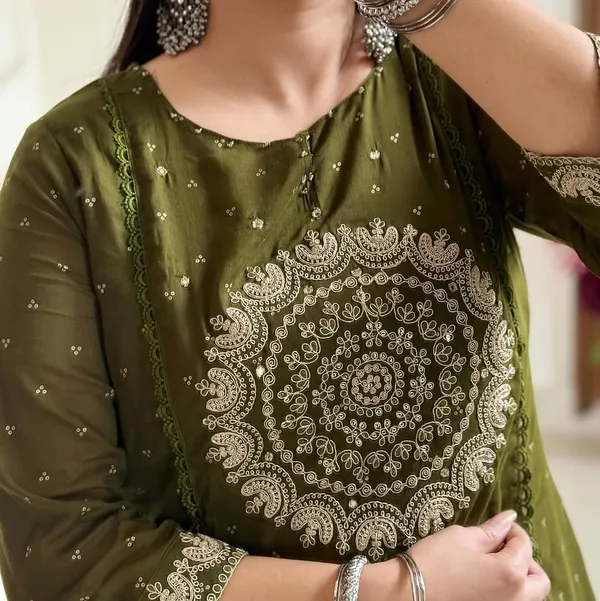 Olive_Green_Embroidered_Cotton_Suit_Set_For_Women_&_Girls