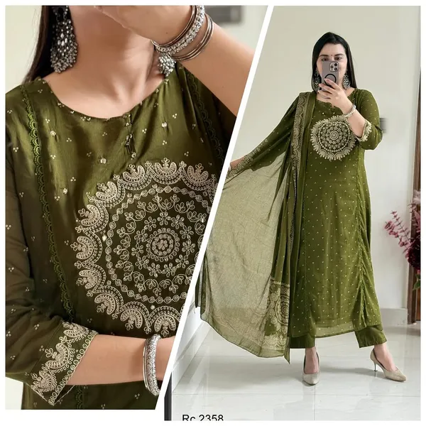 Olive_Green_Embroidered_Cotton_Suit_Set_For_Women_&_Girls