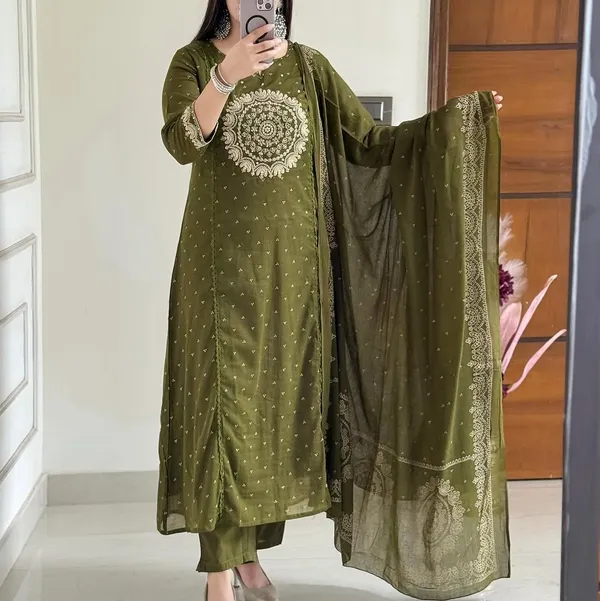 Olive_Green_Embroidered_Cotton_Suit_Set_For_Women_&_Girls