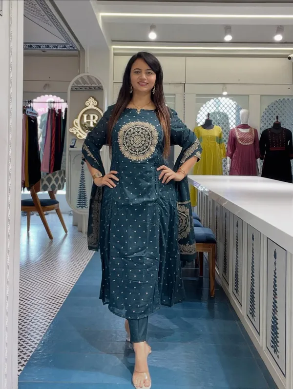 Teal_Blue_Embroidered_Cotton_Suit_Set_For_Women_&_Girls