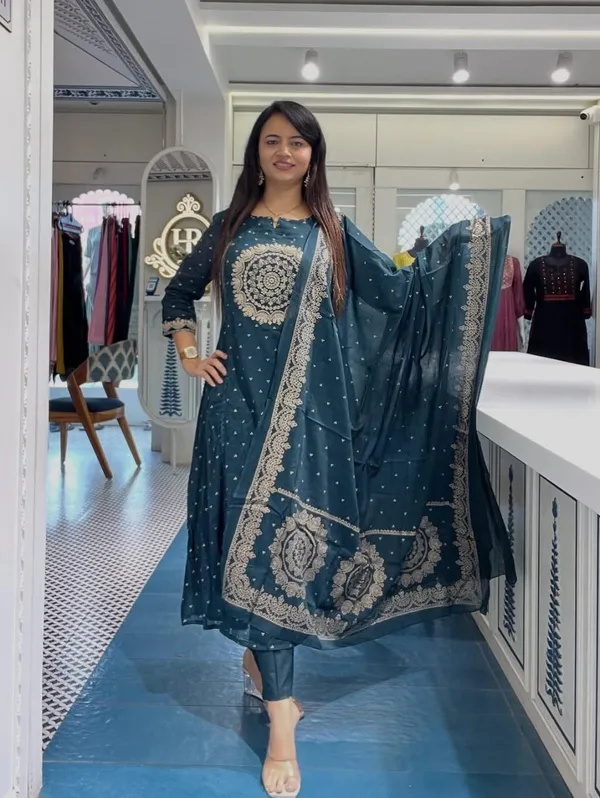 Teal_Blue_Embroidered_Cotton_Suit_Set_For_Women_&_Girls