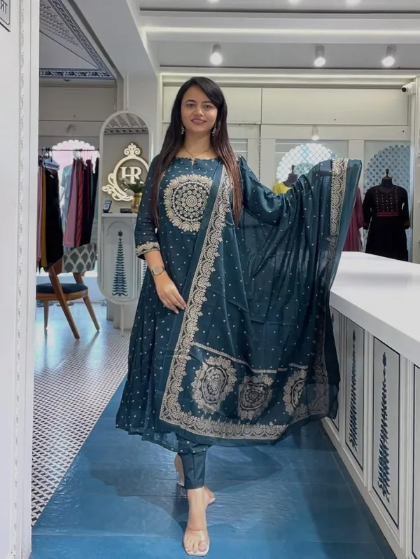 Teal_Blue_Embroidered_Cotton_Suit_Set_For_Women_&_Girls