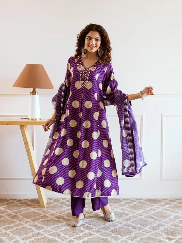 Purple_Golden_Polka_Printed_Flared_Kurta_Set_With_Dupatta_For_Women_&_Girls
