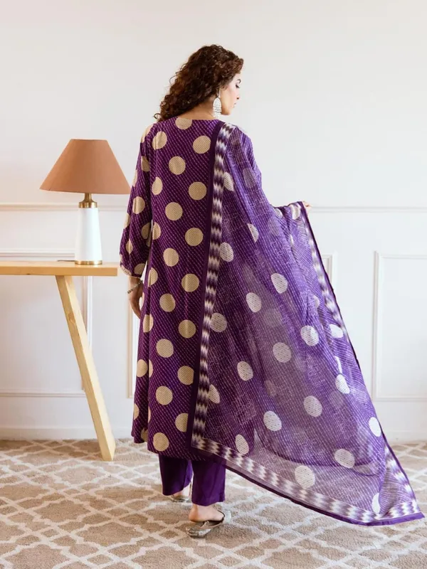 Purple_Golden_Polka_Printed_Flared_Kurta_Set_With_Dupatta_For_Women_&_Girls