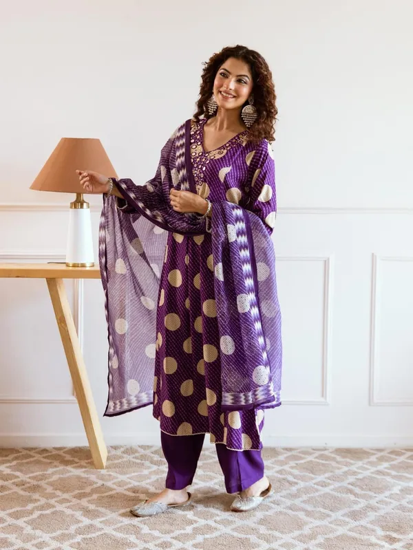 Purple_Golden_Polka_Printed_Flared_Kurta_Set_With_Dupatta_For_Women_&_Girls