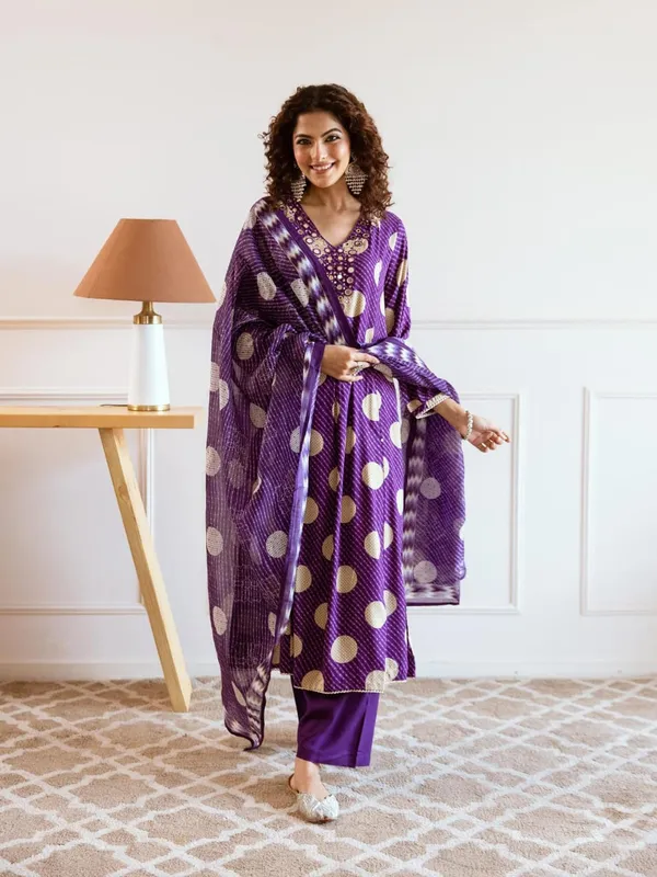 Purple_Golden_Polka_Printed_Flared_Kurta_Set_With_Dupatta_For_Women_&_Girls