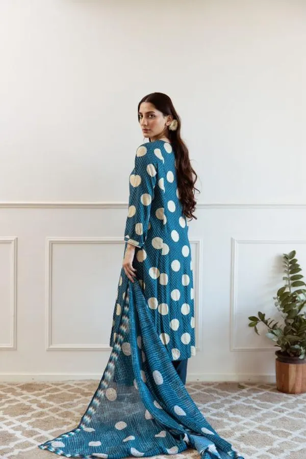 Teal_Blue_Golden_Polka_Printed_Flared_Kurta_Set_With_Dupatta_For_Women_&_Girls
