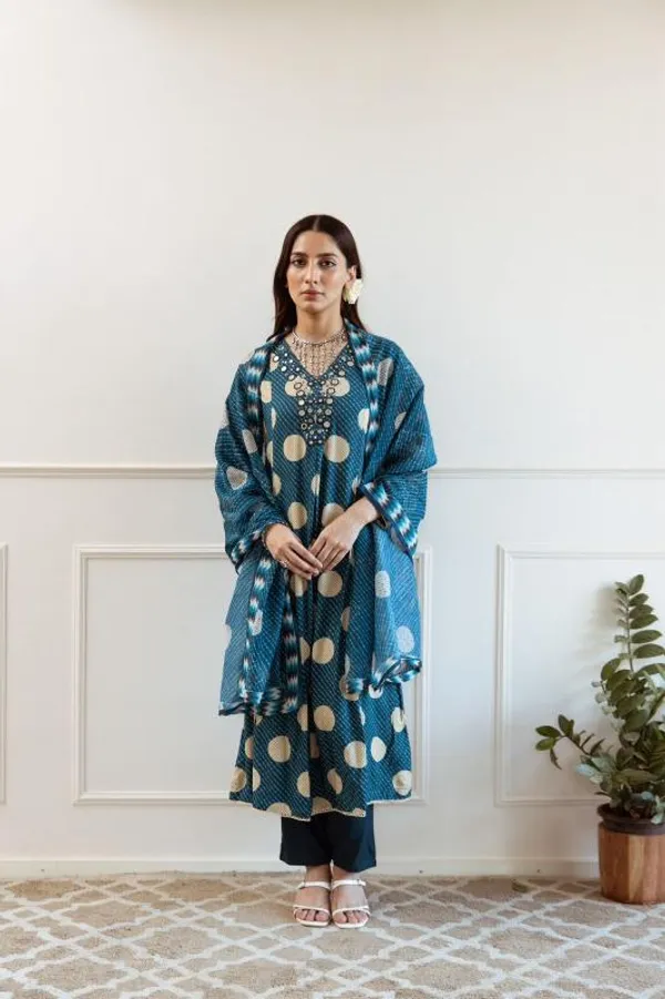 Teal_Blue_Golden_Polka_Printed_Flared_Kurta_Set_With_Dupatta_For_Women_&_Girls