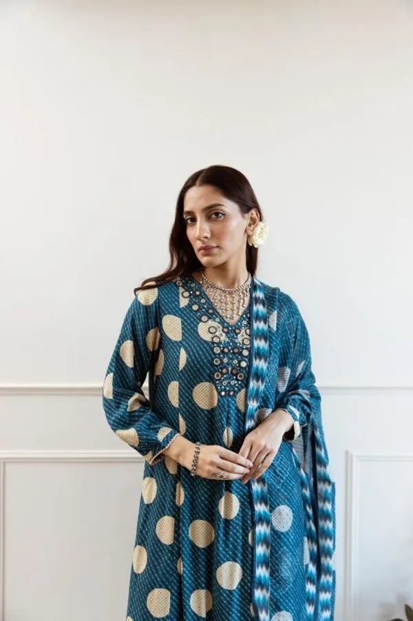 Teal_Blue_Golden_Polka_Printed_Flared_Kurta_Set_With_Dupatta_For_Women_&_Girls