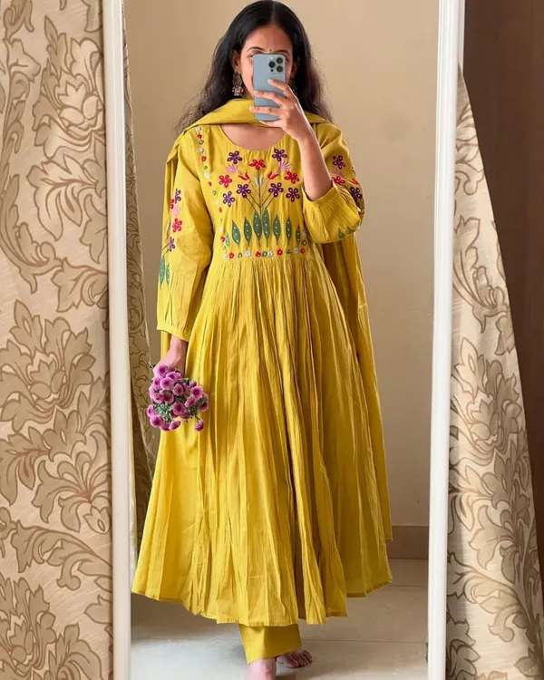 Mustard_Yellow_Embroidered_Flared_Kurta_Set_With_Dupatta_For_Women_&_Girls