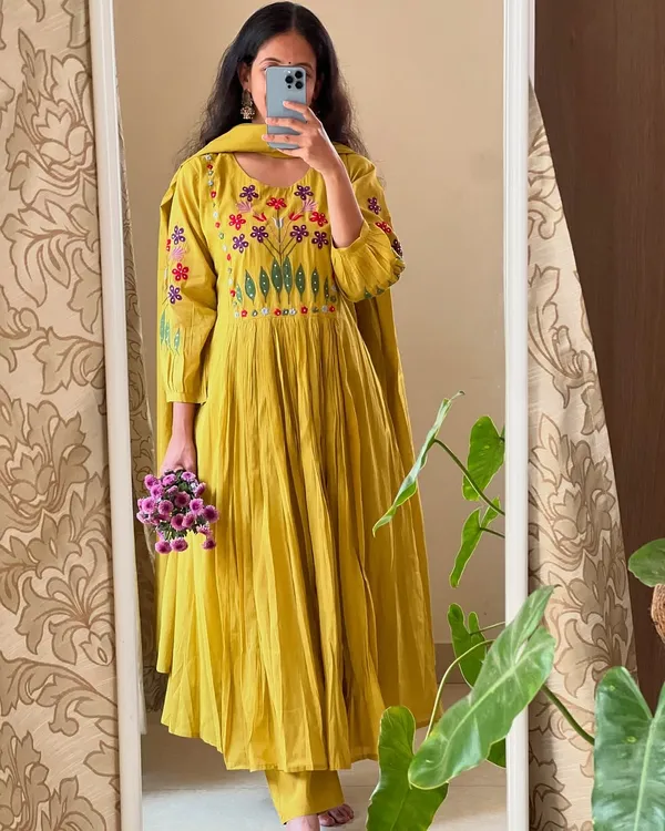 Mustard_Yellow_Embroidered_Flared_Kurta_Set_With_Dupatta_For_Women_&_Girls