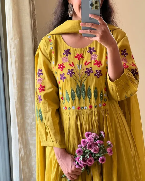 Mustard_Yellow_Embroidered_Flared_Kurta_Set_With_Dupatta_For_Women_&_Girls