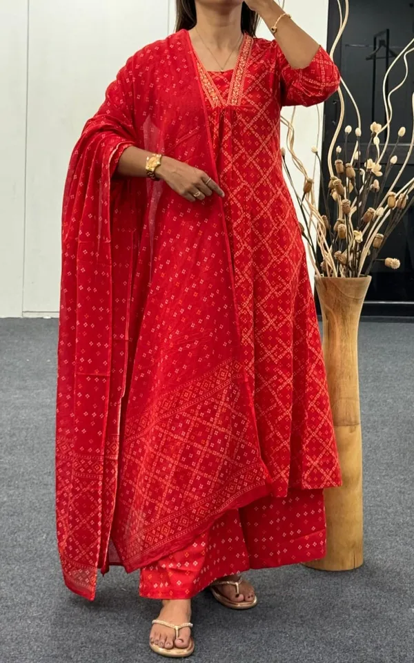 Red_Bandhani_Printed_Cotton_Kurta_Set_With_Dupatta_For_Women_&_Girls