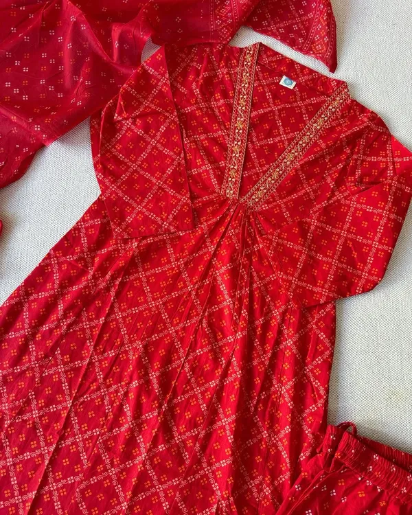 Red_Bandhani_Printed_Cotton_Kurta_Set_With_Dupatta_For_Women_&_Girls