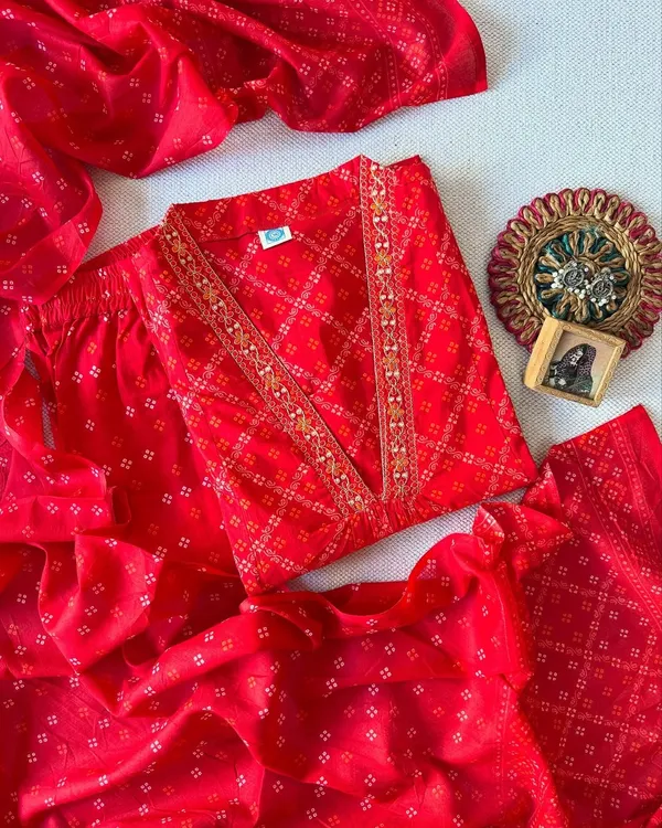 Red_Bandhani_Printed_Cotton_Kurta_Set_With_Dupatta_For_Women_&_Girls