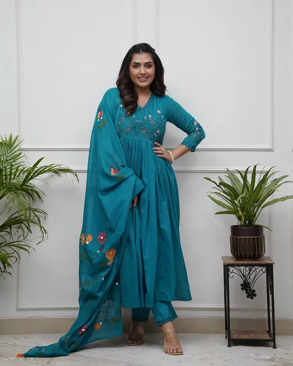 Teal_Blue_Embroidered_Flared_Kurta_Set_With_Dupatta_For_Women_&_Girls