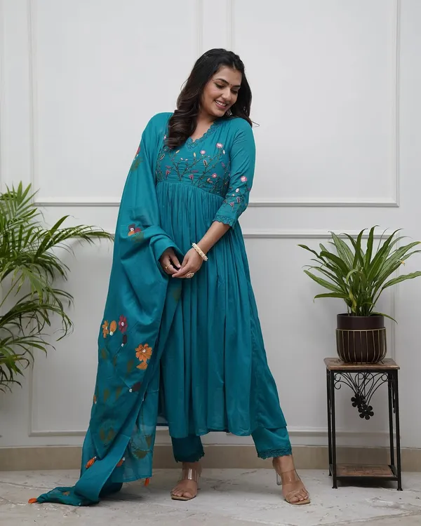 Teal_Blue_Embroidered_Flared_Kurta_Set_With_Dupatta_For_Women_&_Girls