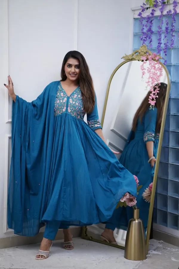 Teal_Blue_Embroidered_Cotton_Kurta_Set_With_Dupatta_For_Women_&_Girls