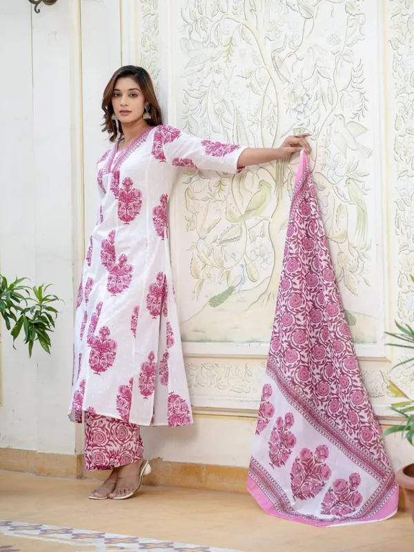 White_&_Pink_Handblock_Printed_Chanderi_Kurta_Set_For_Women_&_Girls
