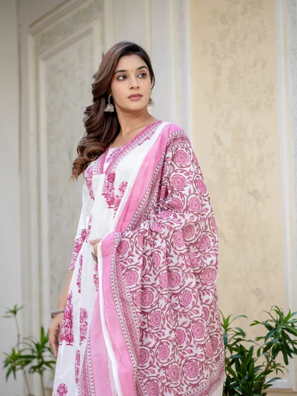 White_&_Pink_Handblock_Printed_Chanderi_Kurta_Set_For_Women_&_Girls