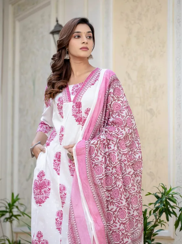 White_&_Pink_Handblock_Printed_Chanderi_Kurta_Set_For_Women_&_Girls