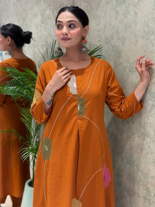 Rust_Orange_Handcrafted_Floral_Suit_Set_For_Women_&_Girls