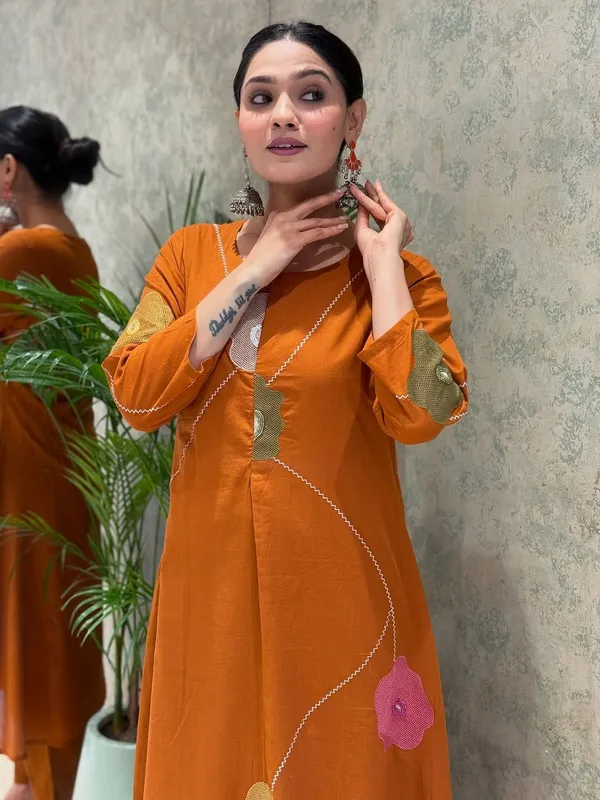 Rust_Orange_Handcrafted_Floral_Suit_Set_For_Women_&_Girls