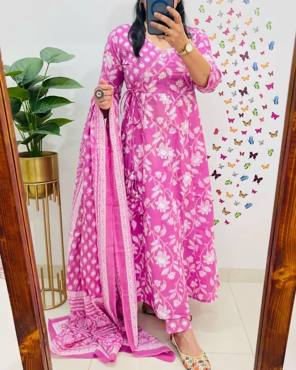 Pink_Floral_Anarkali_Cotton_Suit_Set_For_Women_&_Girls