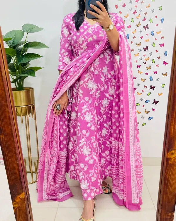 Pink_Floral_Anarkali_Cotton_Suit_Set_For_Women_&_Girls