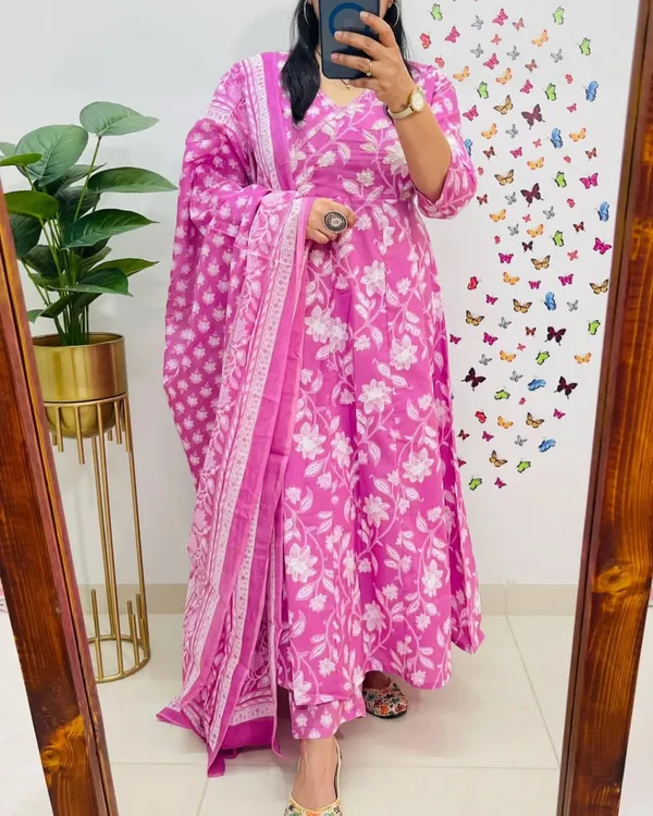 Pink_Floral_Anarkali_Cotton_Suit_Set_For_Women_&_Girls