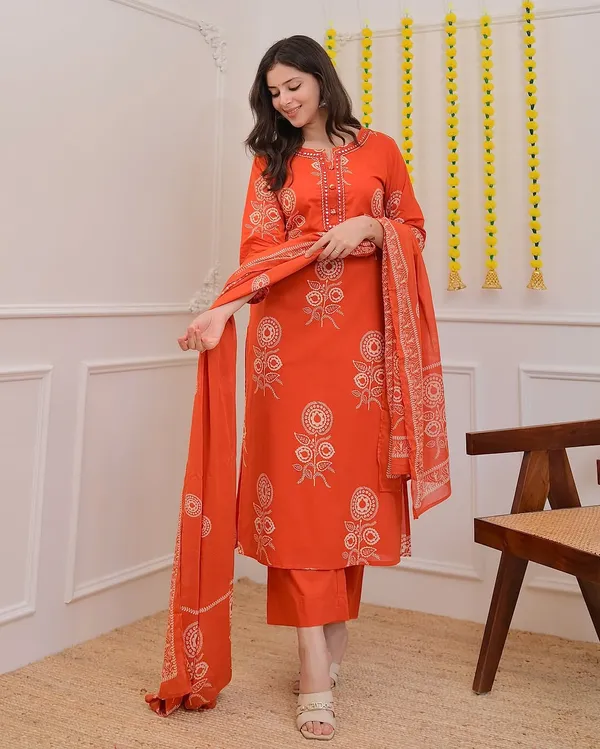 Rust_Orange_Cotton_Printed_Kurta_Set_With_Dupatta_For_Women_&_Girls
