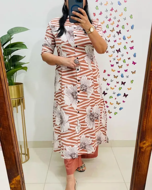 Rust_Floral_Striped_Cotton_Kurta_Set_For_Women_&_Girls