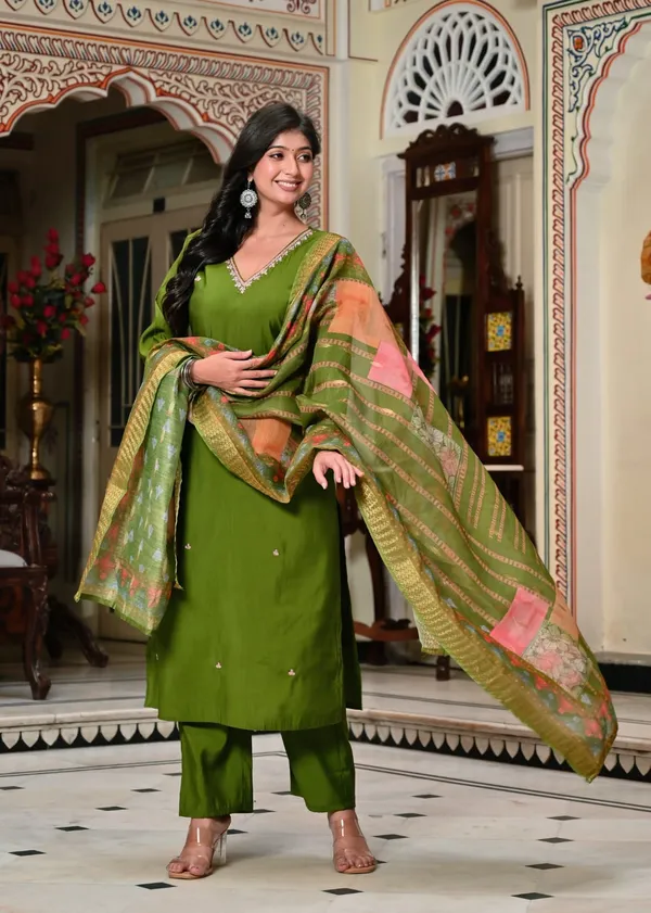 Elegant_Olive_Green_Silk_Suit_Set_For_Women_&_Girls