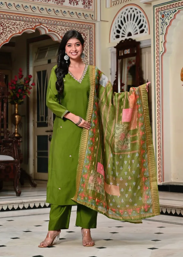 Elegant_Olive_Green_Silk_Suit_Set_For_Women_&_Girls