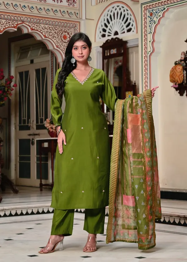 Elegant_Olive_Green_Silk_Suit_Set_For_Women_&_Girls