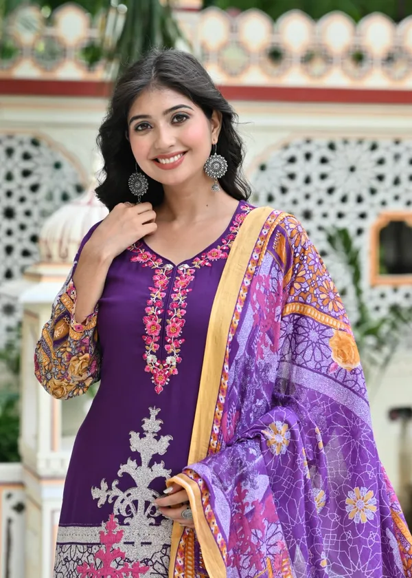 Royal_Purple_Printed_Rayon_Suit_Set_For_Women_&_Girls