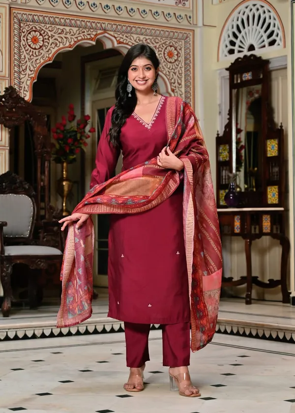Wine_Maroon_Silk_Blend_Suit_Set_With_Woven_Dupatta_For_Women_&_Girls