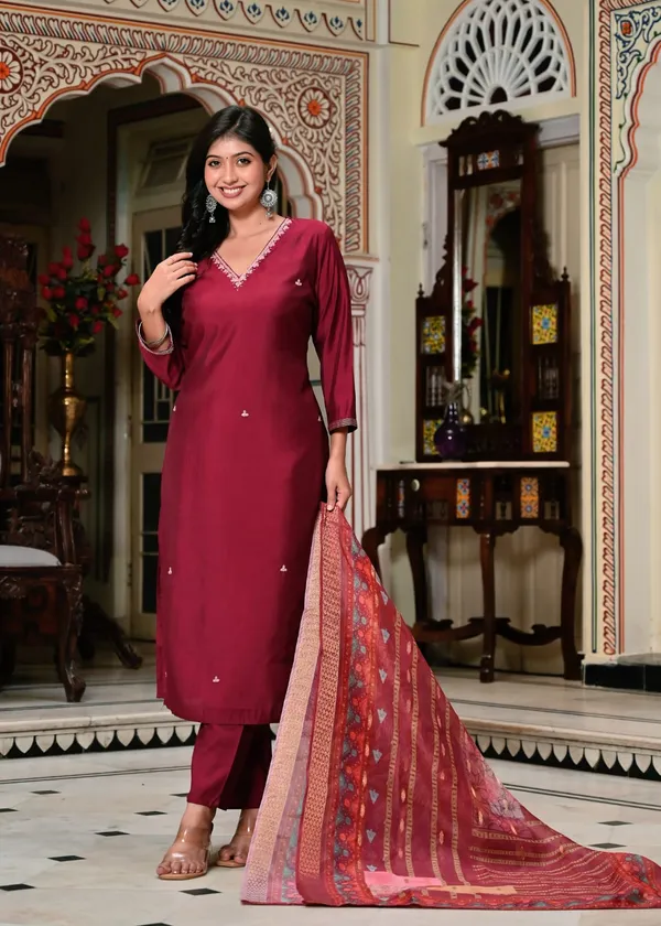 Wine_Maroon_Silk_Blend_Suit_Set_With_Woven_Dupatta_For_Women_&_Girls