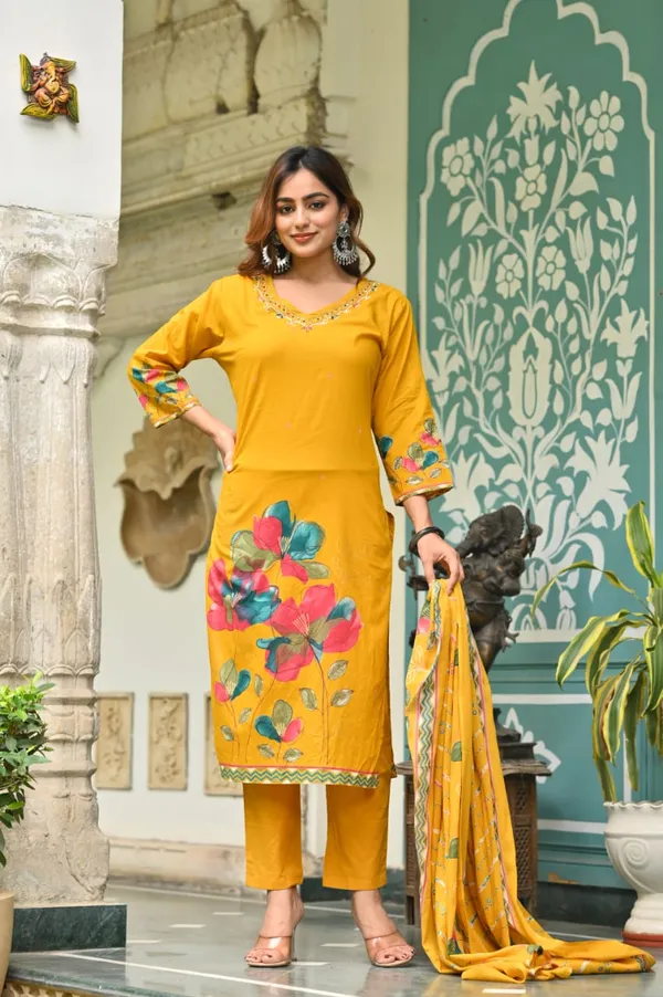 Mustard_Yellow_Floral_Cotton_Suit_Set_For_Women_&_Girls